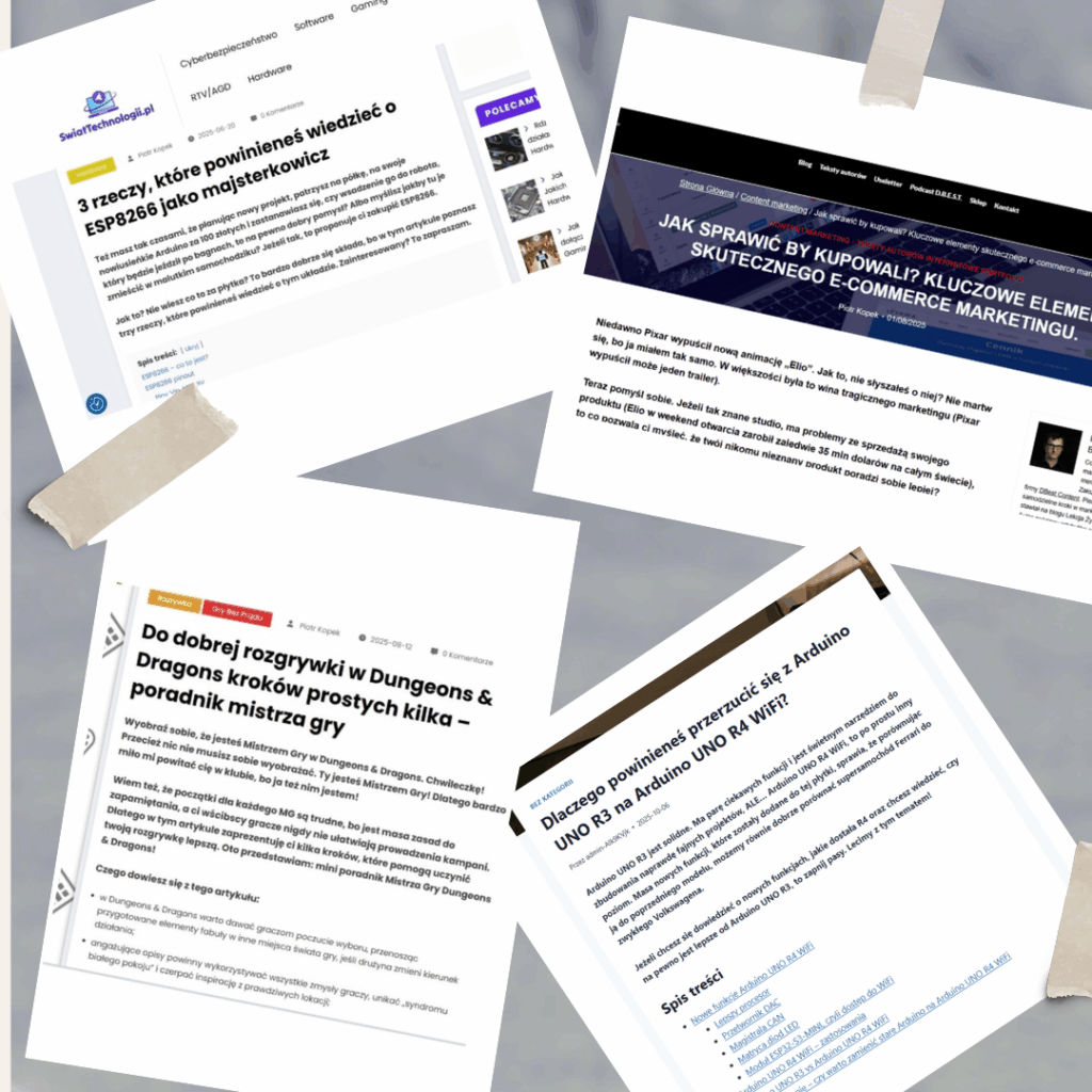 Kolaż zdjęć czterech tekstów copywritingowych