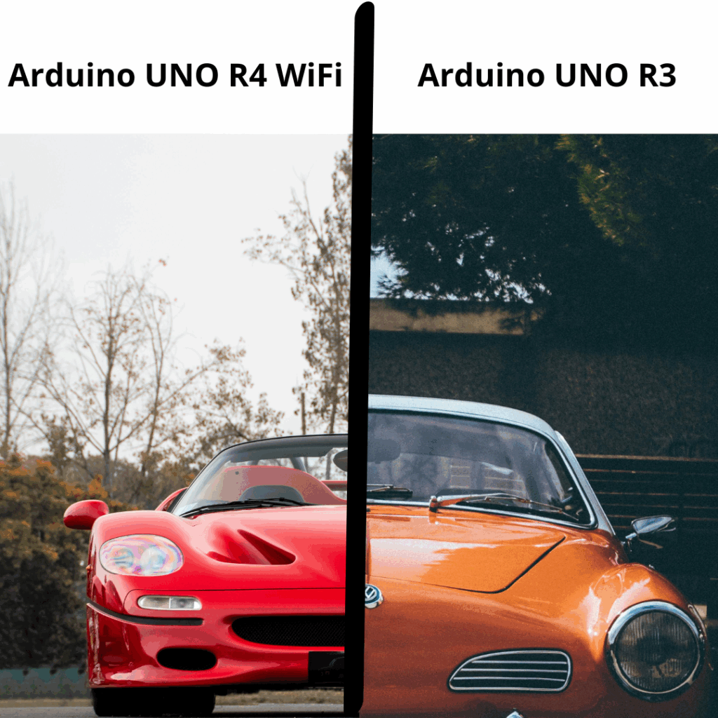 Dwa samochody, Ferrari i Volkswagen. Symbolizują nowe Arduino UNO R4 WiFi i stare Arduino UNO R3